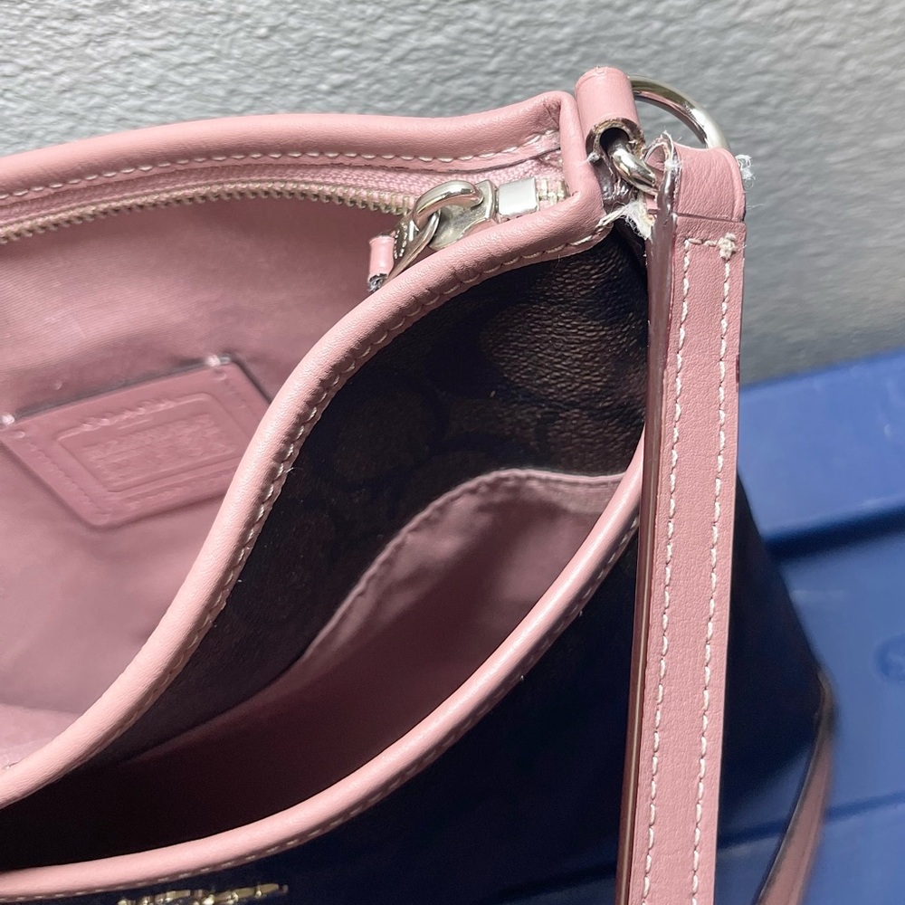 Coach Signature Monogram Crossbody Bag Brown Pink Trim Adjustable Strap Purse - Picture 10 of 11